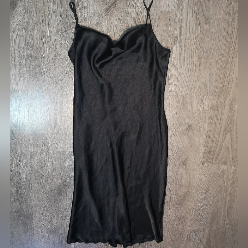 Vintage | Black Slip Satin Cowl Neck Spaghetti Strap Midi Dress - Picture 12 of 12